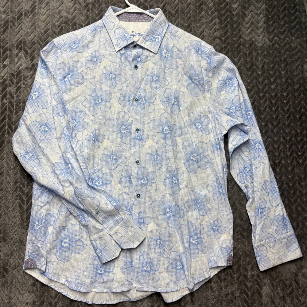 Robert Graham Button Down Shirt XL Blue Excellent Floral Linen Blend (2160)